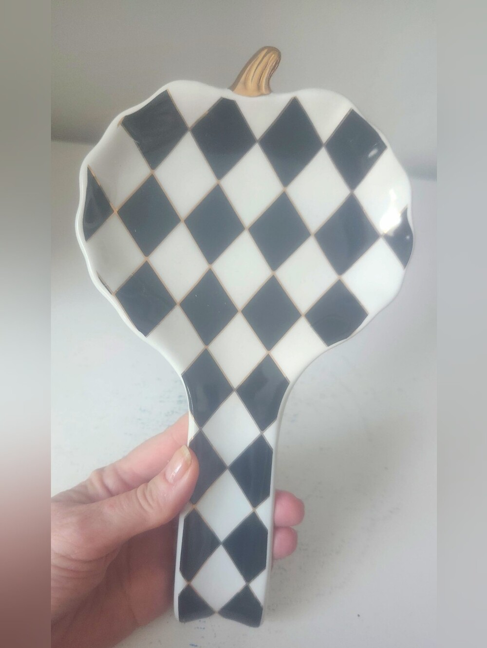 Orange and Black Harlequin Ceramic Spoon Rest With Gold Trim Pumpkin